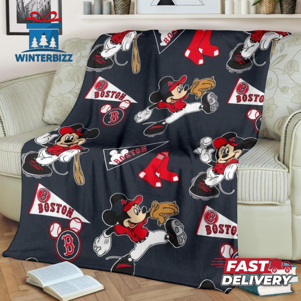 Mickey Plays Red Sox Fleece Blanket For Baseball Fans