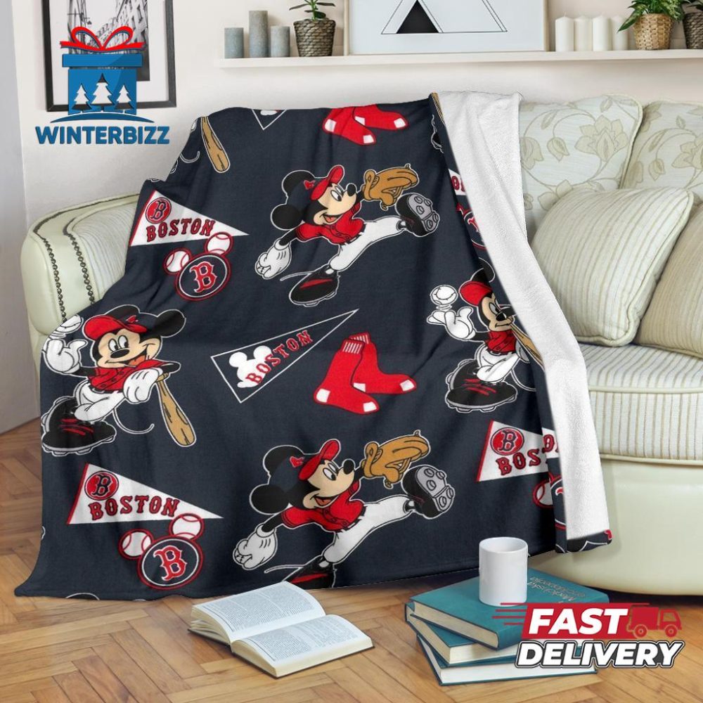 Mickey Plays Red Sox Fleece Blanket For Baseball Fans