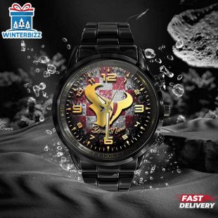 Custom Name Houston Texans NFL 3D Men Black Stainless Steel Watch Gift For Fans