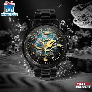 Custom Name Miami Dolphins NFL 3D Men Black Stainless Steel Watch Gift For Fans