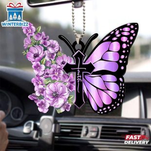 Faith Purple Pansy Butterfly Jesus Cross Christian Religious Lover Christmas Ornament Hanging Decor