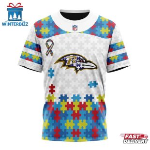 Custom Name And Number NFL Baltimore Ravens Team Autism Awareness 3D T-Shirt