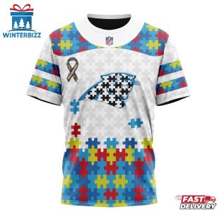 Custom Name And Number NFL Carolina Panthers Team Autism Awareness 3D T-Shirt