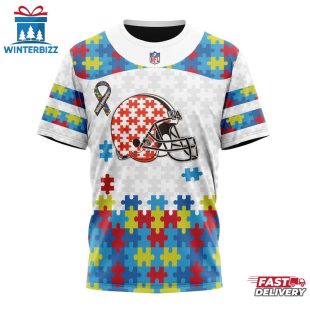 Custom Name And Number NFL Cleveland Browns Team Autism Awareness 3D T-Shirt