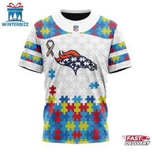 Custom Name And Number NFL Denver Broncos Team Autism Awareness 3D T-Shirt