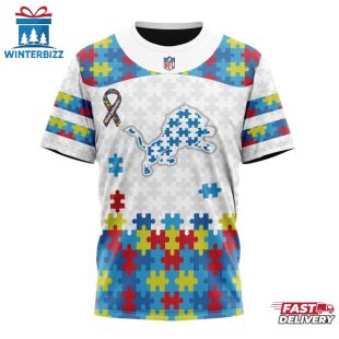 Custom Name And Number NFL Detroit Lions Team Autism Awareness 3D T-Shirt