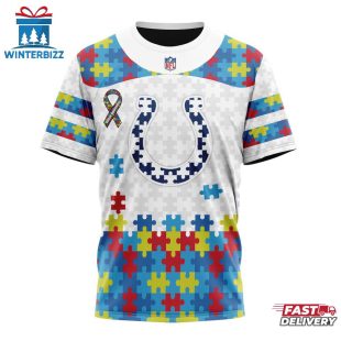 Custom Name And Number NFL Indianapolis Colts Team Autism Awareness 3D T-Shirt