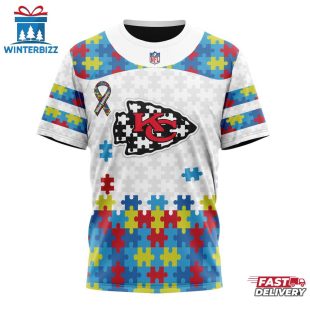 Custom Name And Number NFL Kansas City Chiefs Team Autism Awareness 3D T-Shirt