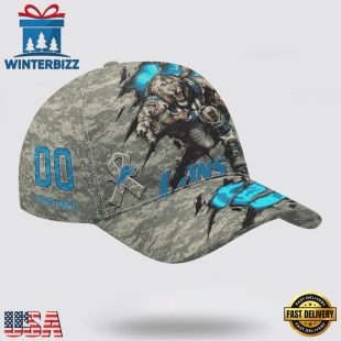 Custom Name And Number NFL Lions Camo Mascot Classic Baseball Cap
