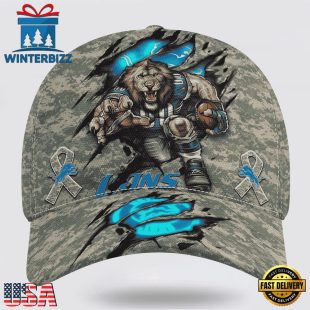 Custom Name And Number NFL Lions Camo Mascot Classic Baseball Cap