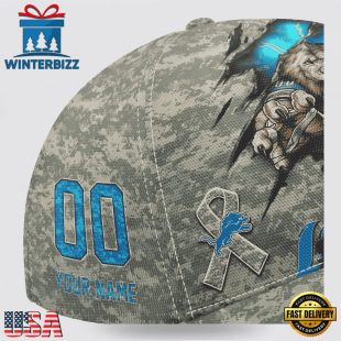 Custom Name And Number NFL Lions Camo Mascot Classic Baseball Cap