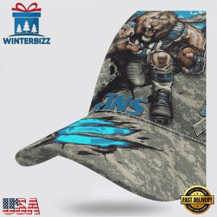 Custom Name And Number NFL Lions Camo Mascot Classic Baseball Cap