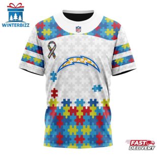 Custom Name And Number NFL Los Angeles Chargers Team Autism Awareness 3D T-Shirt