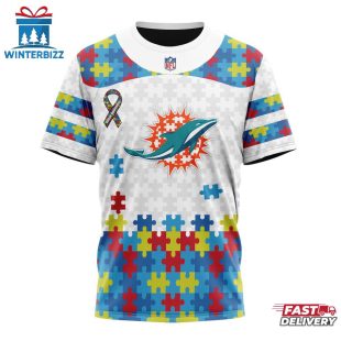 Custom Name And Number NFL Miami Dolphins Team Autism Awareness 3D T-Shirt