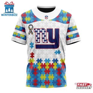 Custom Name And Number NFL New York Giants Team Autism Awareness 3D T-Shirt