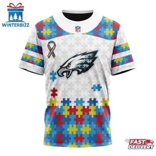 Custom Name And Number NFL Philadelphia Eagles Team Autism Awareness 3D T-Shirt