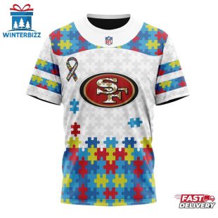 Custom Name And Number NFL San Francisco 49ers Team Autism Awareness 3D T-Shirt