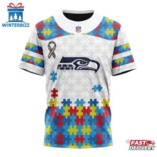 Custom Name And Number NFL Seattle Seahawks Team Autism Awareness 3D T-Shirt
