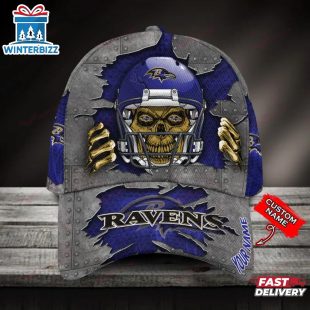 Custom Name Baltimore Ravens NFL Football Team Skull Baseball Cap