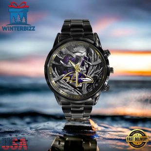 Custom Name Baltimore Ravens NFL Men Black Stainless Steel Watch Gift For Fans