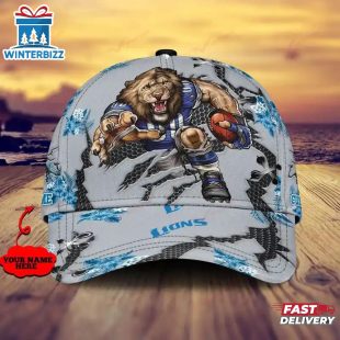 Custom Name NFL Detroit Lions Mascot Football Baseball Cap