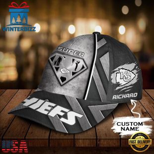 Custom Name NFL Kansas City Chiefs Superman Dad Logo All Over Print - Grey 3D Classic Cap