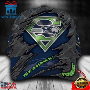 Custom Name NFL Seattle Seahawks Superman Logo All Over Print - Navy 3D Classic Cap