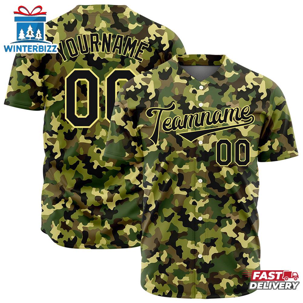Custom Name Number And Team Army Green Camo Baseball Jersey Custom Name Number And Team Army Green Camo Baseball Jersey