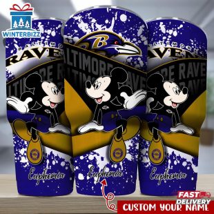 Custom Name Baltimore Ravens NFL Logo Mickey Mouse Tumbler For Fans