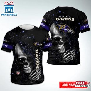 Custom Name Baltimore Ravens Skull NFL All Over Print T-Shirt