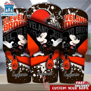 Custom Name Cleveland Browns NFL Logo Mickey Mouse Tumbler For Fans