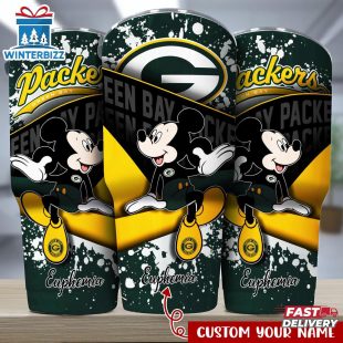 Custom Name Green Bay Packers NFL Logo Mickey Mouse Tumbler For Fans