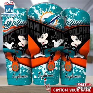Custom Name Miami Dolphins NFL Logo Mickey Mouse Tumbler For Fans