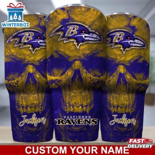 Custom Name NFL Baltimore Ravens NFL Skull Tumbler For Sports Fan