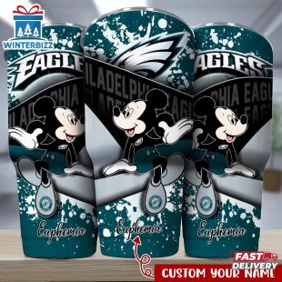 Custom Name Philadelphia Eagles NFL Logo Mickey Mouse Tumbler For Fans