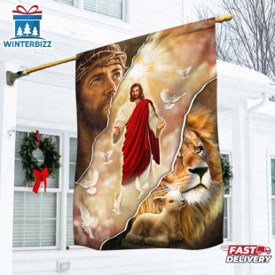 Jesus and Lion One Nation Under God House And Garden Flag