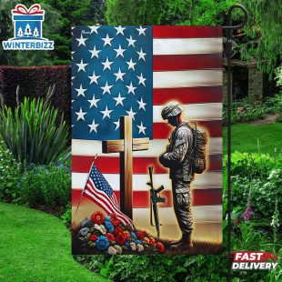 Memorial Day Veteran Flag Remembrance Veteran Standing Before The Cross Patriotic House And Garden Flag
