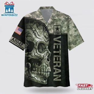 US Army Veteran Camo Skull Hawaiian Shirt
