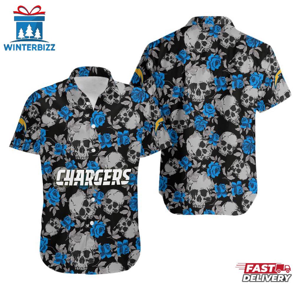 NFL Los Angeles Chargers Roses And Skull Pattern Hawaiian Shirt NFL Los Angeles Chargers Roses And Skull Pattern Hawaiian Shirt
