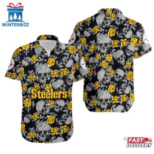 NFL Pittsburgh Steelers Roses And Skull Pattern Hawaiian Shirt