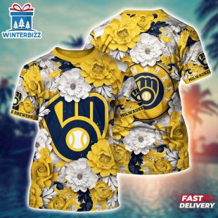 MLB Milwaukee Brewers All Over Print T-Shirt Flower Tropical For Sports Enthusiasts