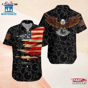 American Flag Bowling Black Hawaiian Shirt