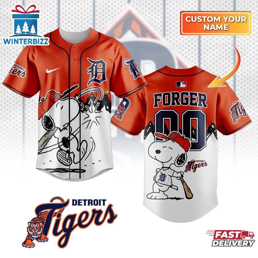 Custom Name And Number Detroit Tigers x Peanuts Baseball Jersey Shirt Custom Name And Number Detroit Tigers x Peanuts Baseball Jersey Shirt