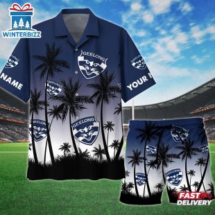 Custom Name Geelong AFL Tree Pattern Hawaiian Shirts