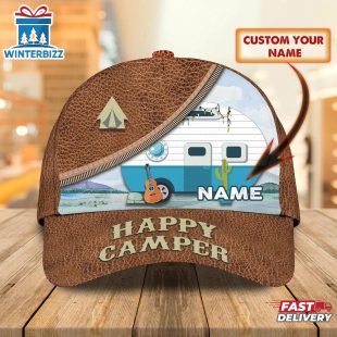 Custom Name Happy Camper Baseball Cap Gift For Adults
