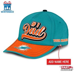Custom Name Miami Dolphins #1 Dad Father's Day Classic Baseball Cap