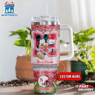Custom Name Nebraska Cornhuskers NCAA Mickey Mouse Tumbler 40Oz Handle