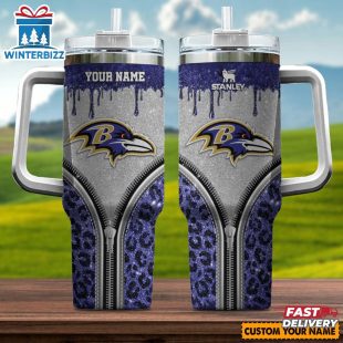 Custom Name Baltimore Ravens Leopard Stainless Steel Tumbler 40Oz With Handle
