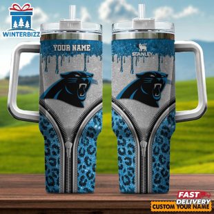 Custom Name Carolina Panthers Leopard Stainless Steel Tumbler 40Oz With Handle