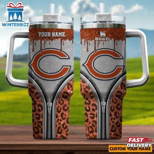 Custom Name Chicago Bears Leopard Stainless Steel Tumbler 40Oz With Handle